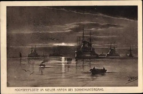 Künstler Ak Kiel in Schleswig Holstein, Hochseeflotte im Hafen