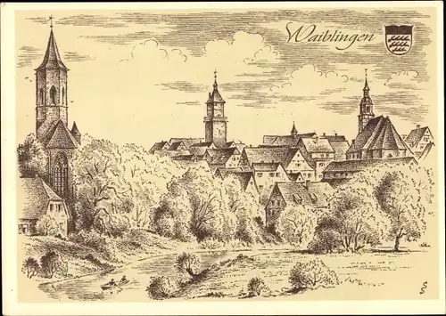 Künstler Ak Schäfer-Grohe, Ludwig, Waiblingen im Rems Murr Kreis, Stadtbild, Wappen
