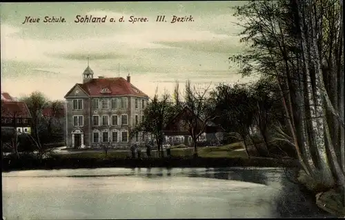 Ak Sohland an der Spree in Sachsen, Neue Schule, III. Bezirk, Wasserpartie