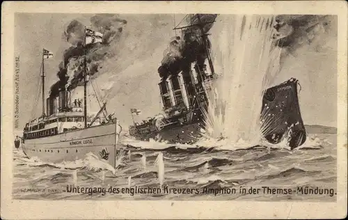 Künstler Ak Malchin, W., Deutsches Kriegsschiff SMS Königin Luise, Britischer Kreuzer Amphion