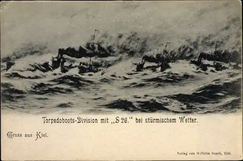 Ak Deutsche Kriegsschiffe, Torpedobootsdivison mir S26 bei stürmischen Wetter