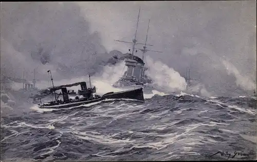 Künstler Ak Stöwer, Willy, Torpedoboot, Angriff in der Nordsee, Wohlfahrtskarte