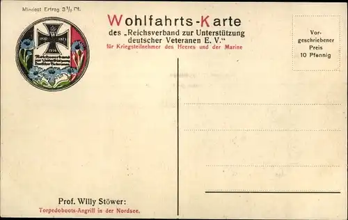 Künstler Ak Stöwer, Willy, Torpedoboot, Angriff in der Nordsee, Wohlfahrtskarte