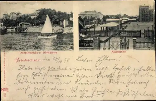 Ak Friedrichsort Kiel in Schleswig Holstein, Dampferbrücke, Hotelgarten, Kasernenhof, Segelboot
