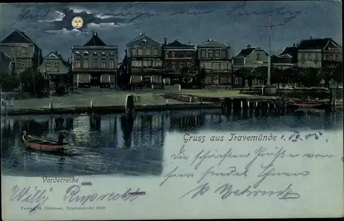 Künstler Mondschein Ak Travemünde Lübeck, Vorderreihe, Teilansicht vom Ort