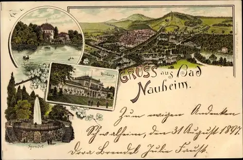 Litho Bad Nauheim in Hessen, Kurhaus, Blick auf den Ort, Sprudel