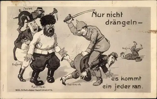 Künstler Ak Nur nicht drängeln, es kommt jeder ran, deutscher Soldat verprügelt Feinde, Russland