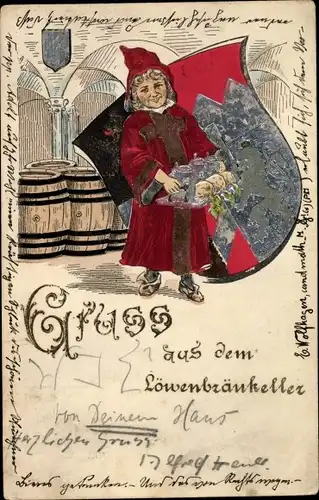 Präge Wappen Ak Gruß aus dem Löwenbräukeller, Kindl mit Bierkrügen, Bierfässer
