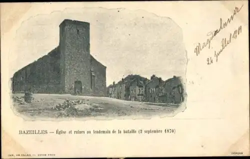Ak Bazeilles Ardennes, Eglise et ruines au lendemain de la bataille 1870