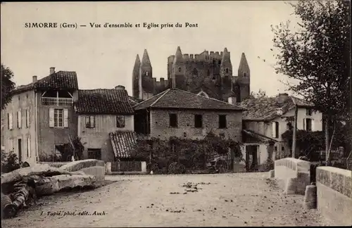 Ak Simorre Gers, Vue d'ensemble et Eglise prise du Pont