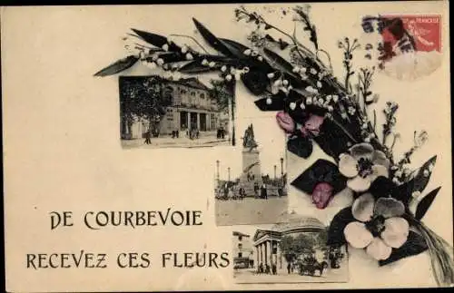 Ak Courbevoie Hauts de Seine, Denkmal, Gebäude, Blumenstrauß