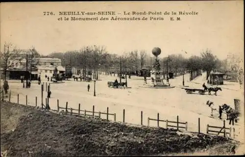 Ak Neuilly sur Seine Hauts de Seine, Le Rond Point de la Révolte et le Monument des Aéronautes