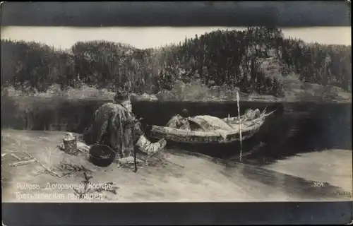 Künstler Ak Mann in russischer Tracht, Flusspartie, Ruderboot