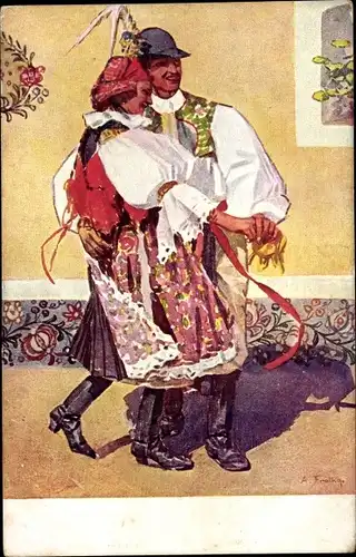 Künstler Ak Frolka, A., Tanzendes Paar in tschechischen Trachten