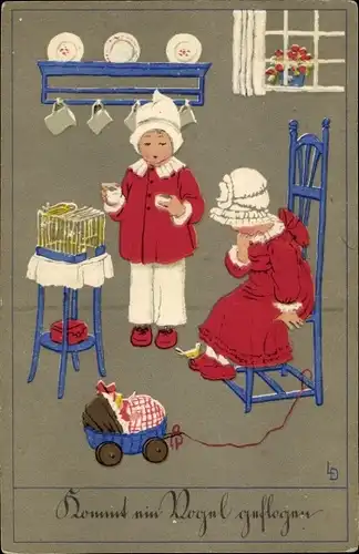 Künstler Ak Döring, Lia, Kommt ein Vogel geflogen, Junge, Mädchen, Vogelkäfig