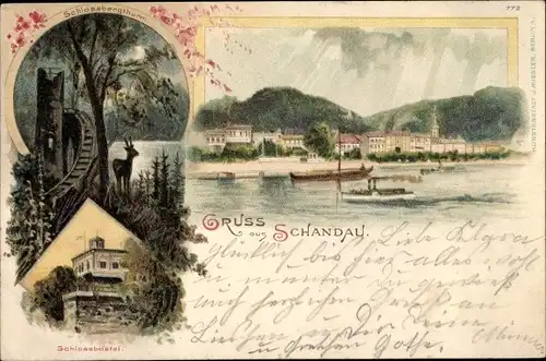 Künstler Litho Bad Schandau Sächsische Schweiz, Schlossbastei, Schlossbergturm, Salondampfer