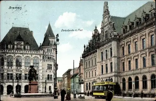 Ak Hansestadt Bremen, Domshaide mit Post, Straßenbahn