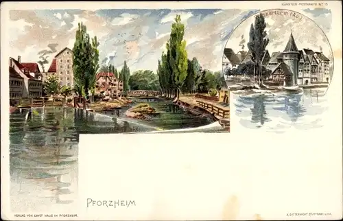 Künstler Litho Goldstadt Pforzheim im Schwarzwald, Wasserturm, Lindenplatz