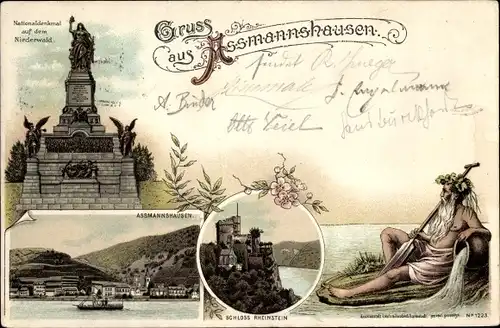 Litho Assmannshausen Rüdesheim am Rhein, Niederwalddenkmal, Schloss Rheinstein, Vater Rhein