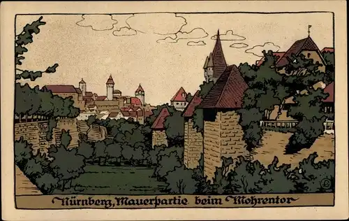 Steindruck Ak Nürnberg in Mittelfranken, Mauerpartie beim Mohrentor