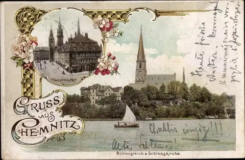 Litho Chemnitz in Sachsen, Hauptmarkt, Schlossteich, Schlosskirche