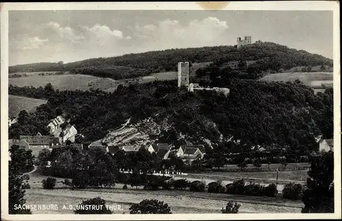 Ak Sachsenburg An der Schmücke Kyffhäuserkreis, Panorama vom Ort und den Burgen