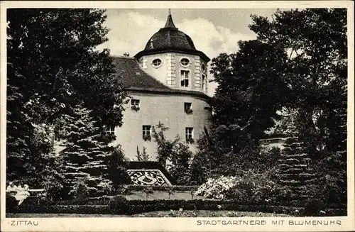 Ak Zittau in Sachsen, Stadtgärtnerei, Blumenuhr