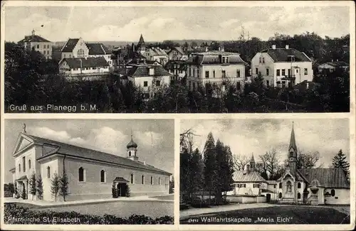 Ak Planegg Oberbayern, Pfarrkirche St. Elisabeth, Wallfahrtskapelle Maria Eich, Totalansicht