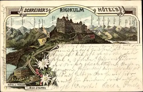 Litho Rigi Kulm Kanton Schwyz, Schreiber's Hotels, Rigi Staffel, Gebirgspanorama