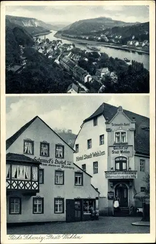 Ak Stadt Wehlen an der Elbe Sachsen, Gasthof, Schmuck's Hotel, Blick auf den Ort