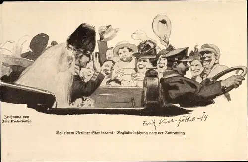 Künstler Ak Koch Gotha, Fritz, Vor einem Berliner Standesamt, Hochzeitspaar im Auto, Chauffeur