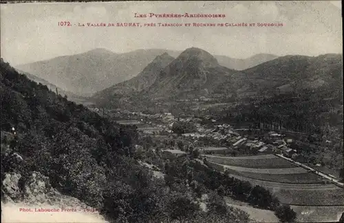 Ak Saurat Ariège, Vue générale et rochers de Calames et Soudours