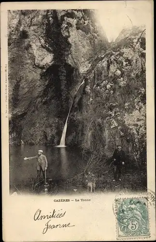 Ak Cazères sur Garonne Haute Garonne, La Tonne, Männer am Ufer, Wasserfall