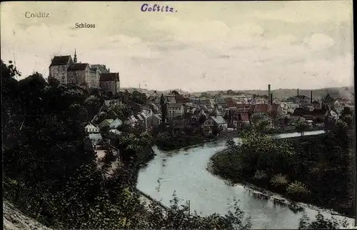 Ak Colditz in Sachsen, Blick auf das Schloss, Flusspartie, Ort