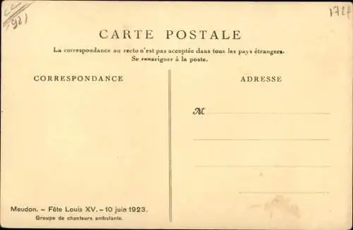 Ak Meudon Hauts de Seine, Fête de Louis XV., Groupe de chanteurs ambulants, 1923