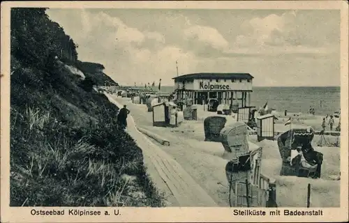 Ak Ostseebad Kölpinsee auf Usedom, Steilküste mit Badeanstalt