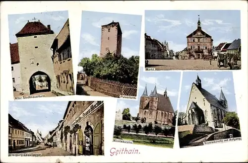 Ak Geithain in Sachsen, Markt, Nicolaikirche, Pulverturm, Stadtmauerturm