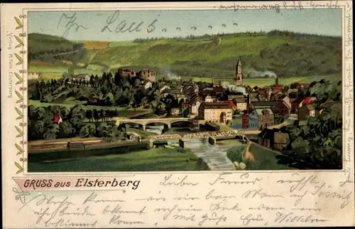 Litho Elsterberg an der Weißen Elster Vogtland, Blick auf den Ort