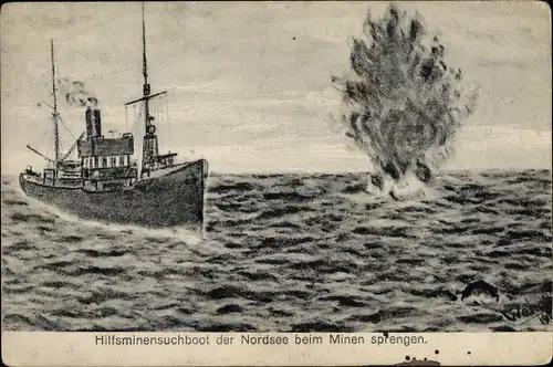 Künstler Ak Deutsches Kriegsschiff, Hilfsminensuchboot der Nordsee beim Minen sprengen