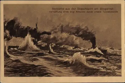 Künstler Ak Deutsche Kriegsschiffe, Torpedoboote, englischer Kreuzer, Seeschlacht Skagerrak