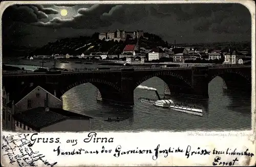 Mondschein Litho Pirna an der Elbe, Flusspartie, Brücke, Salondampfer