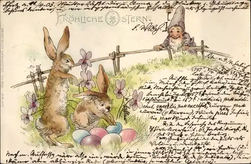 Litho Glückwunsch Ostern, Osterhase, Eier, Zwerg