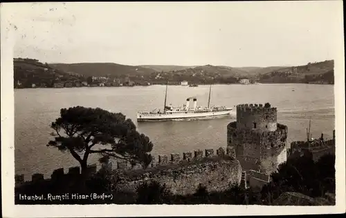 Ak Konstantinopel Istanbul Türkei, Rumeli Hisarı, Bosporus, Dampfschiff, Festungsmauer