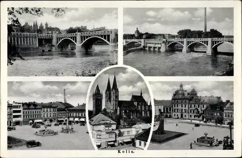 Ak Kolín Köln an der Elbe Mittelböhmen, Stadtansichten, Marktplatu, Brücke