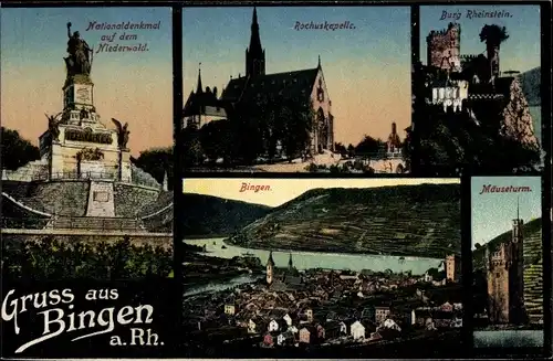 Ak Bingen am Rhein, Nationaldenkmal, Rochuskapelle, Burg Rheinstein, Mäuseturm, Stadt