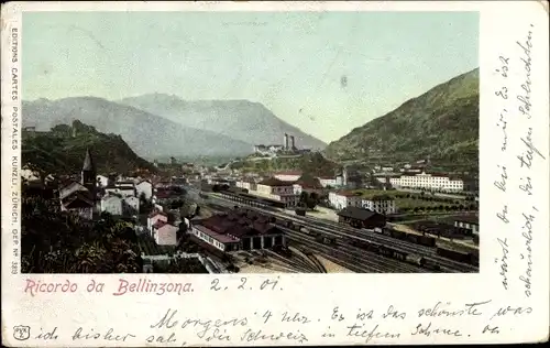 Ak Bellinzona Kanton Tessin, Blick auf den Ort, Bahnhof, Gleisseite