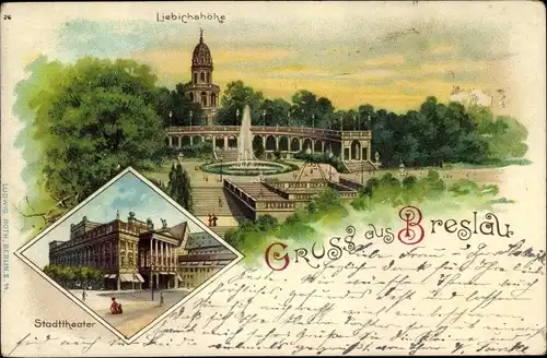 Litho Wrocław Breslau Schlesien, Liebichshöhe, Stadttheater