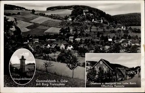 Ak Gammelsbach Oberzent im Odenwald, Panorama mit Burg Freienstein, Kriegerdenkmal, Gasthaus Bonin