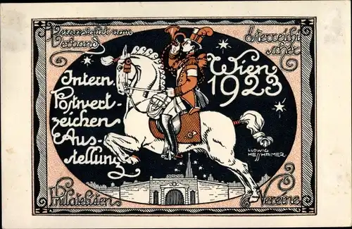 Künstler Ak Hesshaimer, L., Internationale Postwertzeichen Ausstellung Wien 1923, Postillon zu Pferd