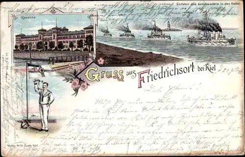 Litho Friedrichsort Kiel in Schleswig Holstein, Kaserne, Einfahrt des Geschwaders in den Hafen